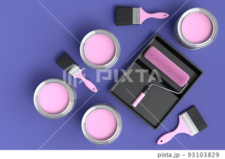 Set of metal cans or buckets with paint roller and tray on violet background. Set of metal cans or buckets with paint roller and tray on violet background. 93103829