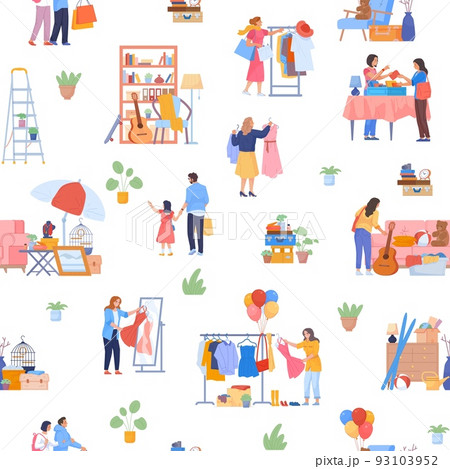 Flea market pattern. Advert selling swap second hands clothing, shopping used goods jewelry books fabric secondhand clothes, fair sale seamless backdrop, swanky vector illustration 93103952
