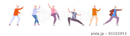 Seniors tai chi. Retired people taichi movement, active morning chinese exercise diversity sport exercising flexibility body wellness elderly activity, splendid vector illustration 93103953