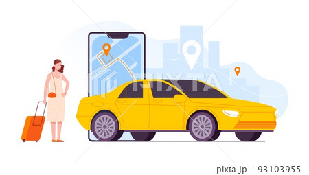Cabs service application. Woman waiting taxi car route in airport location, mobile app service online city cab travel delivery transport auto traffic, splendid vector illustration Cabs service application. Woman waiting taxi car route in airport location, mobile app service online city cab travel delivery transport auto traffic, splendid vector illustration 93103955
