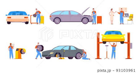 Car repair process. Auto repairman inspection and fix client automobile technical maintenance cars service, fitting tire lift assembly engine vehicle, splendid vector illustration 93103961