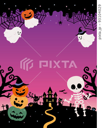 ハロウィン カボチャとオバケと骸骨のホラーフレーム背景素材 93104029