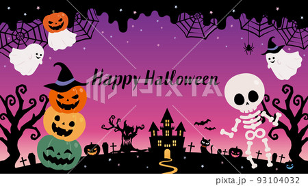ハロウィン カボチャとオバケと骸骨のホラーフレーム背景素材 93104032