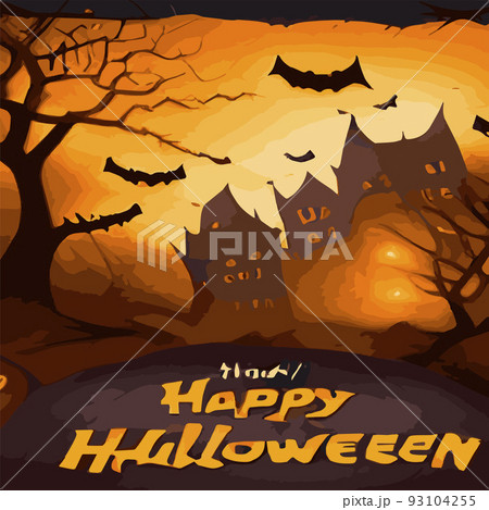 Halloween party invitation with Dracula castle happy halloween lettering, scary pumpkins different bat silhouettes. Invitation or advertising design, Festive autumn background with castle silhouette 93104255