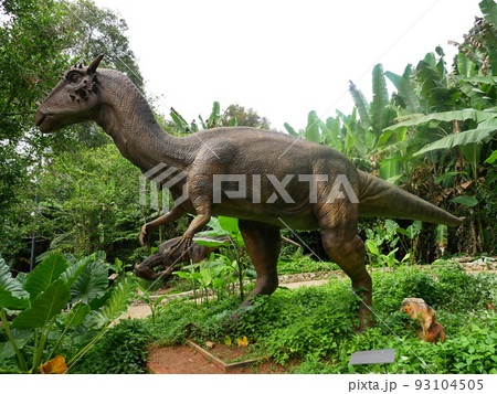 MELAKA, MALAYSIA - JUNE 6, 2022: Replicas of various types of dinosaurs built to life size. It is decorated with tropical plants to make it seem alive. 93104505