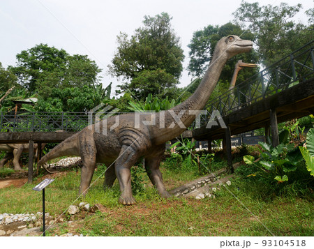 MELAKA, MALAYSIA - JUNE 6, 2022: Replicas of various types of dinosaurs built to life size. It is decorated with tropical plants to make it seem alive. 93104518
