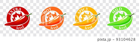 Spicy level Hot chili pepper icons set with flame and rating 93104628