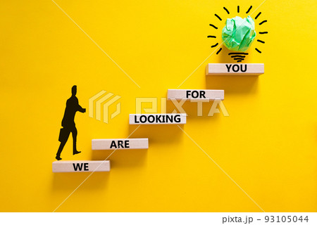 We are looking for you symbol. Wooden blocks with words We are looking for you. Beautiful yellow background, copy space. Businessman icon, light bulb. Business, we are looking for you concept. We are looking for you symbol. Wooden blocks with words We are looking for you. Beautiful yellow background, copy space. Businessman icon, light bulb. Business, we are looking for you concept. 93105044