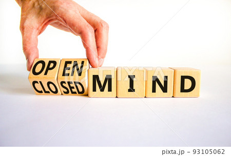 Open or closed mind symbol. Businessman turns cubes and changes concept words closrd mind to open mind. Beautiful white table, white background, copy space. Business open or closed mind concept. Open or closed mind symbol. Businessman turns cubes and changes concept words closrd mind to open mind. Beautiful white table, white background, copy space. Business open or closed mind concept. 93105062