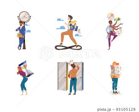 Time Management with People Characters Multitasking and Organizing their Time Vector Illustration Set 93105129