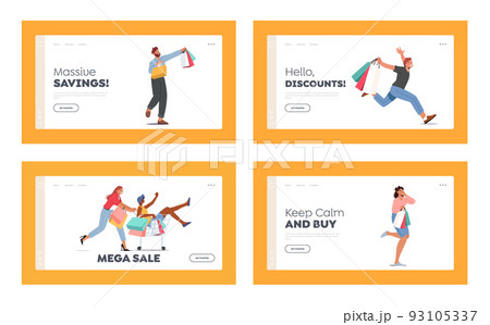 Store Sale Landing Page Template Set. People Run for Shopping. Excited Male and Female Characters Hurry to Buy Things Store Sale Landing Page Template Set. People Run for Shopping. Excited Male and Female Characters Hurry to Buy Things 93105337
