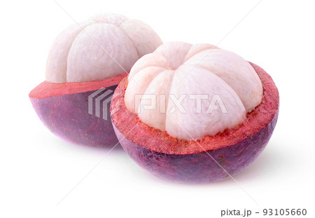 Two halves of mangosteen fruit, isolated on white background 93105660