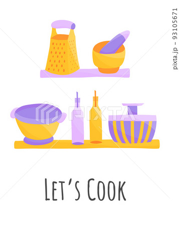 Cooking poster with kitchen utensils and the quote let's cook. Inscriptions kitchen cafe restaurant decorations. Cooking poster with kitchen utensils and the quote let's cook. Inscriptions kitchen cafe restaurant decorations. 93105671