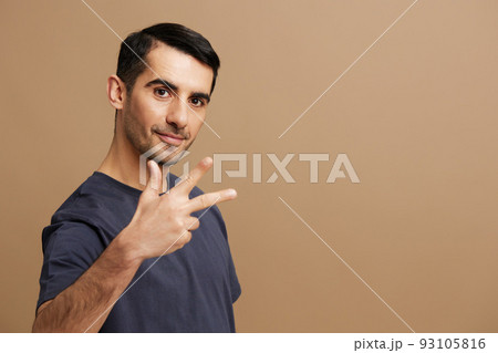 man gray t-shirt glasses cropped view emotions isolated background 93105816