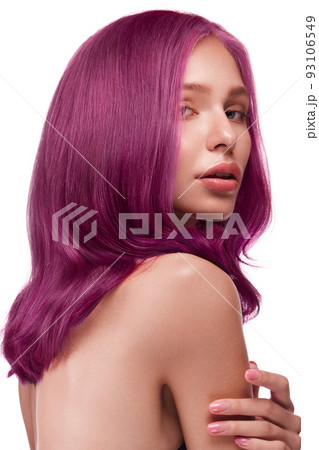 Beautiful girl with multi-colored hair and classic make-up and hairstyle. Beauty face. 93106549