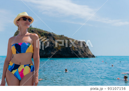 Swimsuit bathe color hat girl people fiolent cape cross coast, for beach jasper from ukraine and landscape coastline, travel stone. Europe religion adventure, Swimsuit bathe color hat girl people fiolent cape cross coast, for beach jasper from ukraine and landscape coastline, travel stone. Europe religion adventure, 93107156