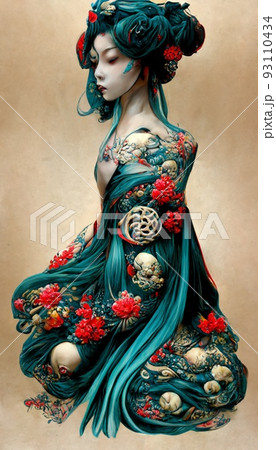 A fancy Japanese woman in unusual colorful magical clothing. Artistic abstract beautiful woman. Perfect for phone wallpaper or for posters. 3D rendering. 93110434