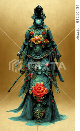 Japanese samurai depicted in abstract style. Samurai in unusual colorful magical clothing. Concept of ancient Japanese samurai. Perfect for phone wallpaper or for posters. 3D rendering. 93110454