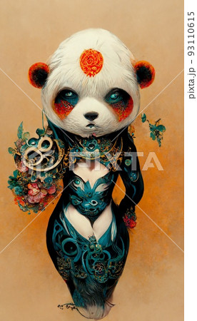 A fancy Japanese panda in unusual colorful magical clothing. Artistic abstract beautiful animal. Perfect for phone wallpaper or for posters. 3D rendering. A fancy Japanese panda in unusual colorful magical clothing. Artistic abstract beautiful animal. Perfect for phone wallpaper or for posters. 3D rendering. 93110615