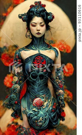 A fancy Japanese woman in unusual colorful magical clothing. Artistic abstract beautiful woman. Perfect for phone wallpaper or for posters. 3D rendering. 93110616