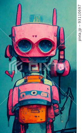 Love robot depicted in pink colors and cartoon style. Artistic abstract robot. Perfect for phone wallpaper or for posters. 93110697