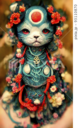 A fancy cat in unusual colorful magical clothing. Artistic abstract beautiful animal. Perfect for phone wallpaper or for posters. 3D rendering. 93110870