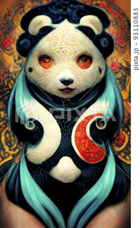 A fancy Japanese panda in unusual colorful magical clothing. Artistic abstract beautiful animal. Perfect for phone wallpaper or for posters. 3D rendering. 93110883