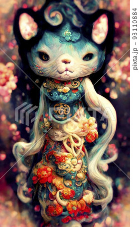 A fancy cat in unusual colorful magical clothing. Artistic abstract beautiful animal. Perfect for phone wallpaper or for posters. 3D rendering. 93110884