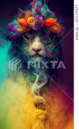 A fantasy lion rastaman with dreadlocks and with colorful colors, shrouded in clouds of colored smoke. Artistic abstract beautiful animal. Perfect for phone wallpaper or for posters. A fantasy lion rastaman with dreadlocks and with colorful colors, shrouded in clouds of colored smoke. Artistic abstract beautiful animal. Perfect for phone wallpaper or for posters. 93110925