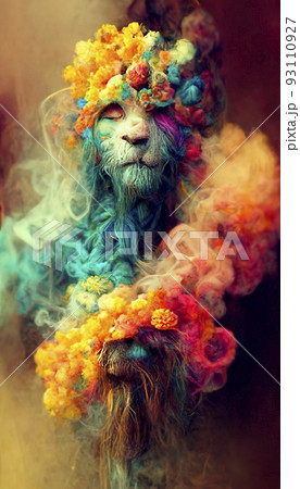 A fantasy lion rastaman with dreadlocks and with colorful colors, shrouded in clouds of colored smoke. Artistic abstract beautiful animal. Perfect for phone wallpaper or for posters. A fantasy lion rastaman with dreadlocks and with colorful colors, shrouded in clouds of colored smoke. Artistic abstract beautiful animal. Perfect for phone wallpaper or for posters. 93110927