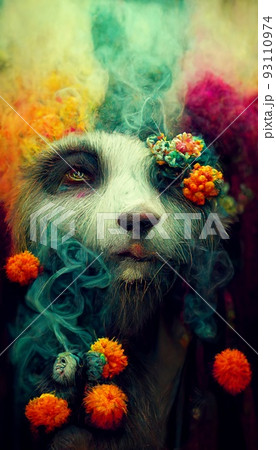 A fantasy Japanese panda rastaman with dreadlocks and with colorful colors, shrouded in clouds of colored smoke. Artistic abstract beautiful animal. Perfect for phone wallpaper or for posters. 93110974