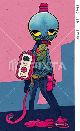 Love alien depicted in pink colors and cartoon style. Artistic abstract alien. Perfect for phone wallpaper or for posters. 93110991