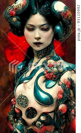 A fancy Japanese woman in unusual colorful magical clothing. Artistic abstract beautiful woman. Perfect for phone wallpaper or for posters. 3D rendering. A fancy Japanese woman in unusual colorful magical clothing. Artistic abstract beautiful woman. Perfect for phone wallpaper or for posters. 3D rendering. 93110992