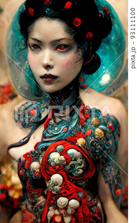 A fancy Japanese woman in unusual colorful magical clothing. Artistic abstract beautiful woman. Perfect for phone wallpaper or for posters. 3D rendering. A fancy Japanese woman in unusual colorful magical clothing. Artistic abstract beautiful woman. Perfect for phone wallpaper or for posters. 3D rendering. 93111100