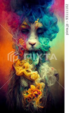A fantasy lion rastaman with dreadlocks and with colorful colors, shrouded in clouds of colored smoke. Artistic abstract beautiful animal. Perfect for phone wallpaper or for posters. A fantasy lion rastaman with dreadlocks and with colorful colors, shrouded in clouds of colored smoke. Artistic abstract beautiful animal. Perfect for phone wallpaper or for posters. 93111102