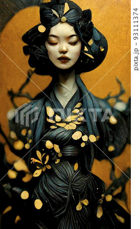 A fancy Japanese woman in unusual colorful magical clothing. Artistic abstract beautiful woman. Perfect for phone wallpaper or for posters. 3D rendering. A fancy Japanese woman in unusual colorful magical clothing. Artistic abstract beautiful woman. Perfect for phone wallpaper or for posters. 3D rendering. 93111374