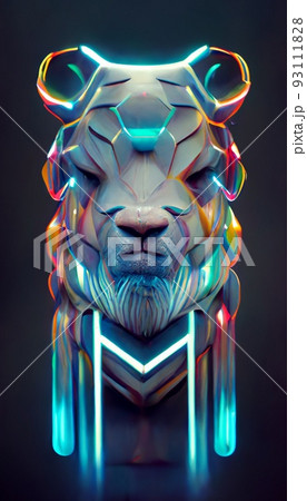 Royal surrealistic abstract chrome multicolored tiger. Growling tiger made of metal. Concept of the hunter. Perfect for phone wallpaper or for posters. 3d rendering 93111828