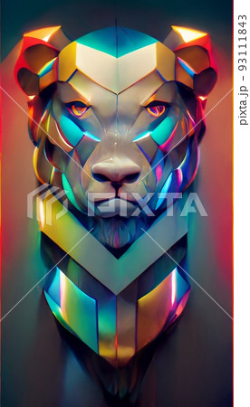 Royal surrealistic abstract chrome multicolored tiger. Growling tiger made of metal. Concept of the hunter. Perfect for phone wallpaper or for posters. 3d rendering Royal surrealistic abstract chrome multicolored tiger. Growling tiger made of metal. Concept of the hunter. Perfect for phone wallpaper or for posters. 3d rendering 93111843