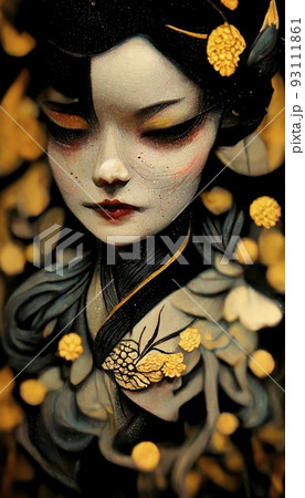 A fancy Japanese woman in unusual colorful magical clothing. Artistic abstract beautiful woman. Perfect for phone wallpaper or for posters. 3D rendering. A fancy Japanese woman in unusual colorful magical clothing. Artistic abstract beautiful woman. Perfect for phone wallpaper or for posters. 3D rendering. 93111861