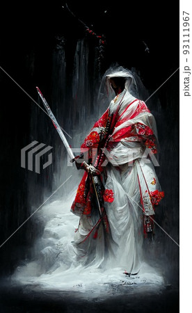 Drawing of a Japanese samurai in abstract style. Samurai in white and red colors. The concept of ancient Japanese samurai. Perfect for phone wallpaper or for posters. 3D rendering. 93111967