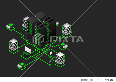 Concept of data network management .Vector isometric map with business networking servers computers and devices 93114930