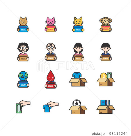 Donate and Charity flat icons set. hold box, Volunteer help, people donations and Care box. design vector 93115244