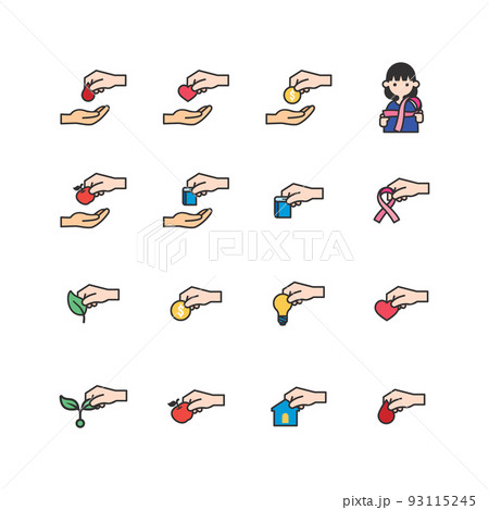 Donate and Charity flat icons set.Helping hand, Volunteer help, Heart donations and Care box. design vector 93115245