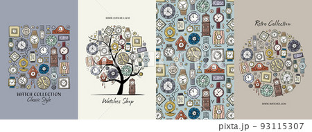 Clocks and watches in different style. Retro and modern collection. Set of 4 concept art for your design project - cards, banners, poster, web, print, social media, promotional materials. Vector 93115307