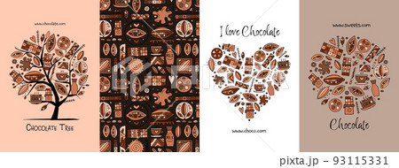Chocolate, cacao and sweets - concept arts collection. Frame, pattern, tree, heart shape. Set for your design project - cards, banners, poster, web, print, social media, promotional materials. Vector Chocolate, cacao and sweets - concept arts collection. Frame, pattern, tree, heart shape. Set for your design project - cards, banners, poster, web, print, social media, promotional materials. Vector 93115331
