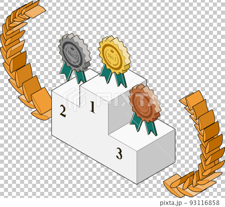 Gold, silver and bronze medals and podium, laurel wreath isometric illustration 93116858