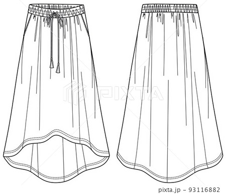 Vector sport style woman skirt fashion CAD, long woman skirt with elasticized waistband technical drawing, sketch, template, flat. Jersey or woven fabric maxi skirt with front, back view, white color Vector sport style woman skirt fashion CAD, long woman skirt with elasticized waistband technical drawing, sketch, template, flat. Jersey or woven fabric maxi skirt with front, back view, white color 93116882