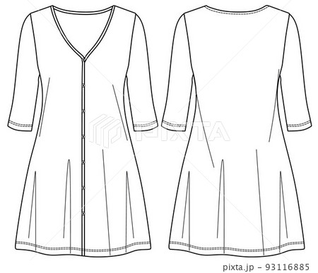 vector dress sketch, dress technical drawing, fashionable women CAD/flat, dress with ruffles and puff sleeves 93116885