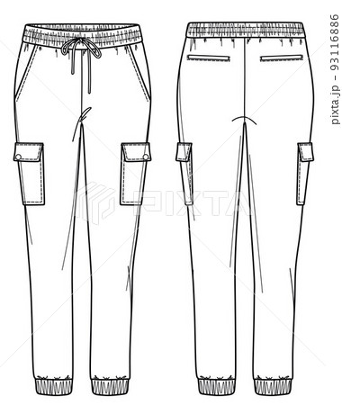 Vector jogger for woman technical drawing, woman pants with waistband and pockets detail fashion, template, sketch, flat. Woman trousers with front, back view, white color 93116886