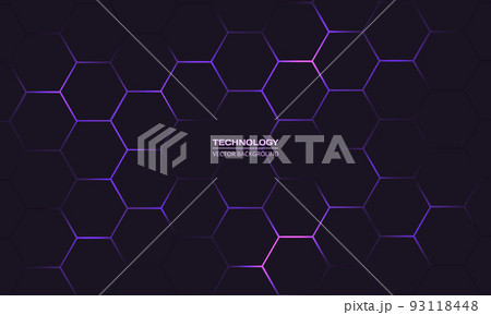 Dark hexagon abstract technology background with purple colored bright flashes Dark hexagon abstract technology background with purple colored bright flashes 93118448
